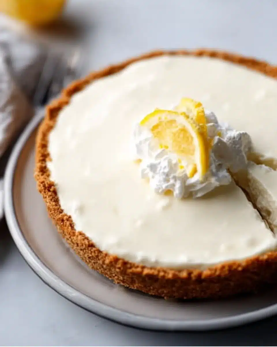 Sliced no-bake lemon icebox pie on a plate garnished with lemon zest