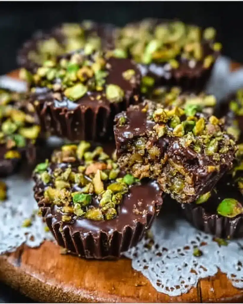 No Bake Pistachio Chocolate Crunch Cups with chocolate and pistachios