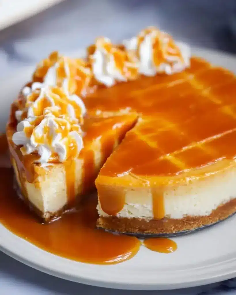 Delicious No Bake Salted Caramel Cheesecake topped with caramel drizzle