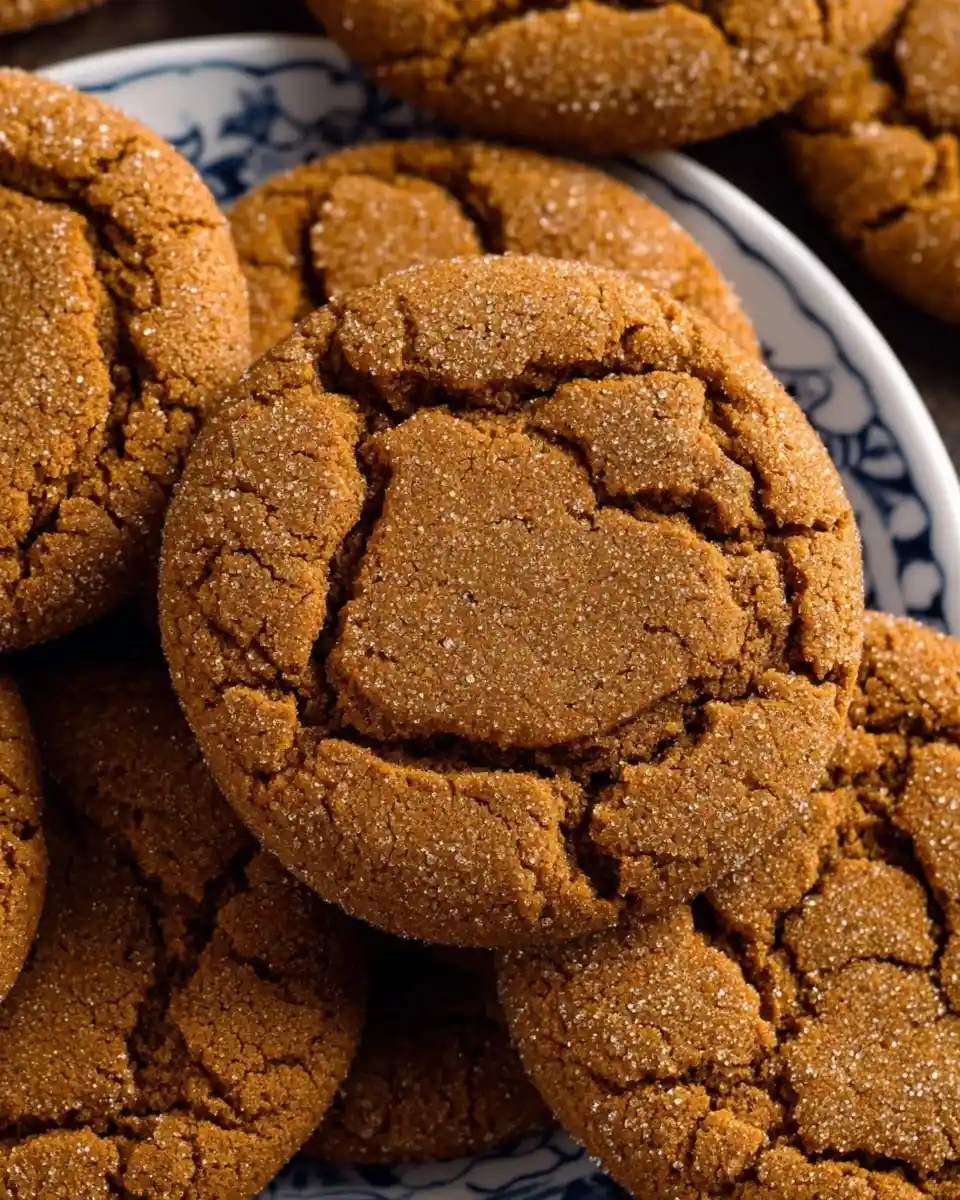 Close-up of freshly baked chewy molasses cookies with cracked tops and sparkling sugar.