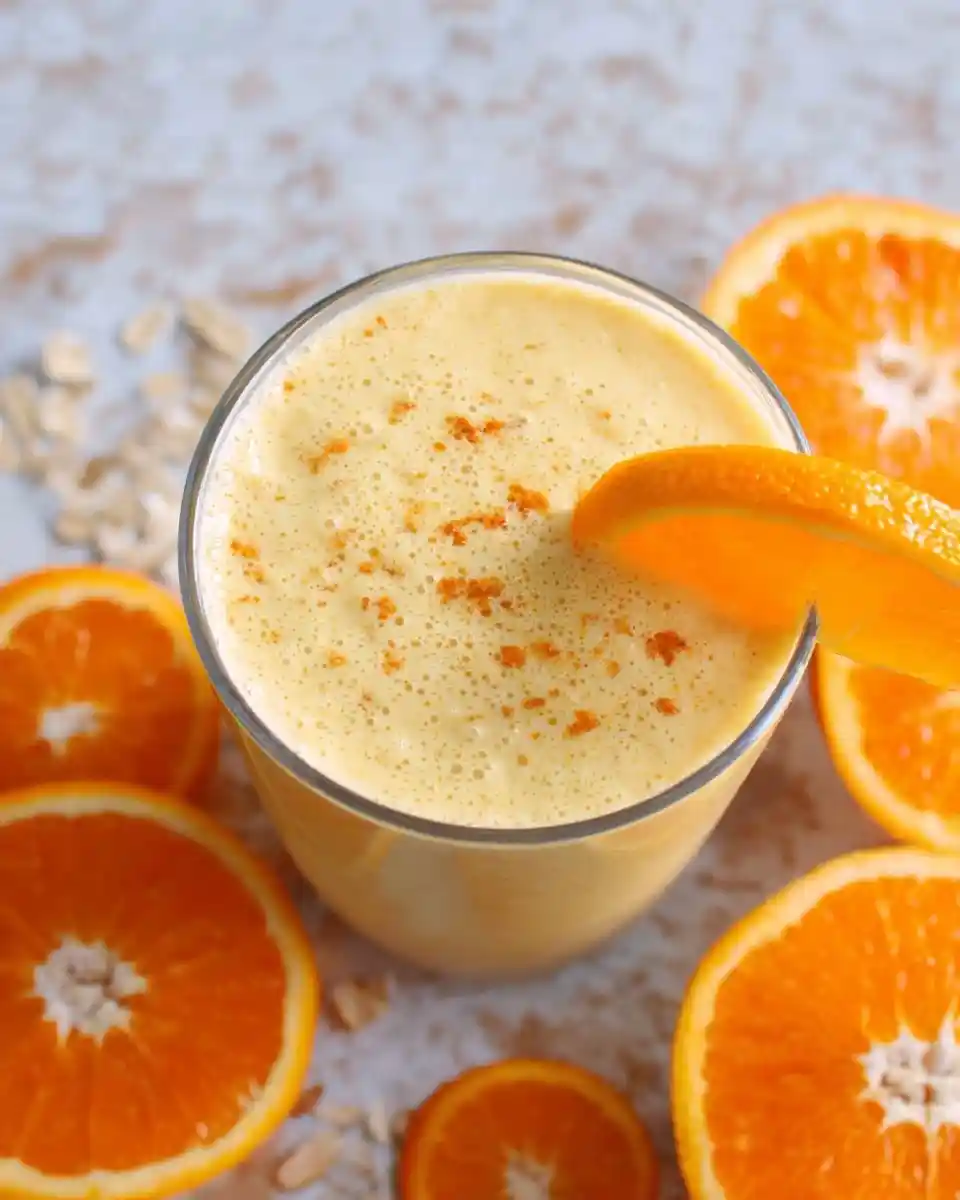 A creamy orange smoothie in a glass topped with zest, surrounded by fresh orange halves and scattered rolled oats.