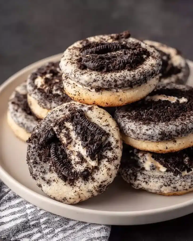 Oreo Cheesecake Cookies stacked on a plate, showcasing their creamy filling and cookie exterior.