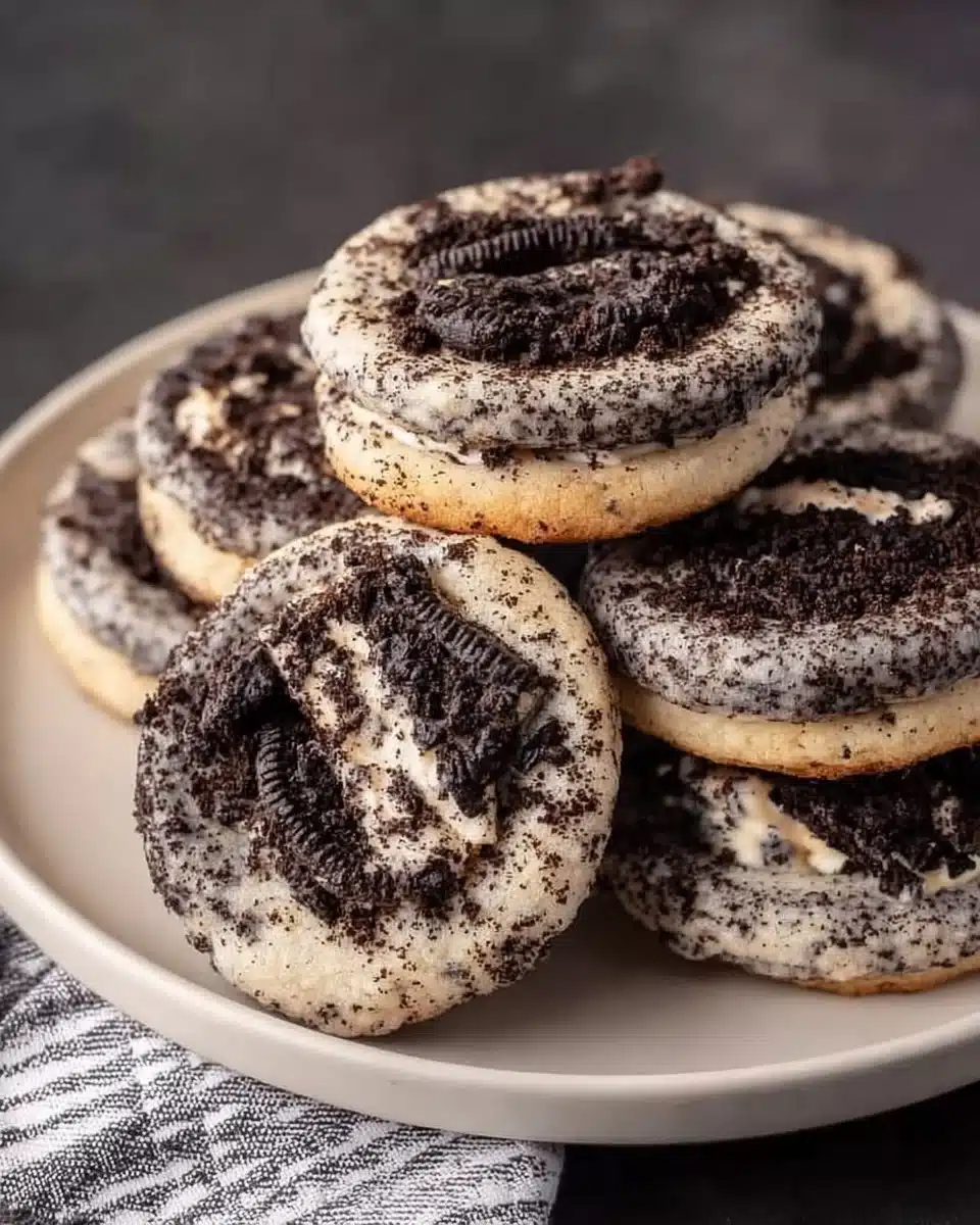 Oreo Cheesecake Cookies stacked on a plate, showcasing their creamy filling and cookie exterior.