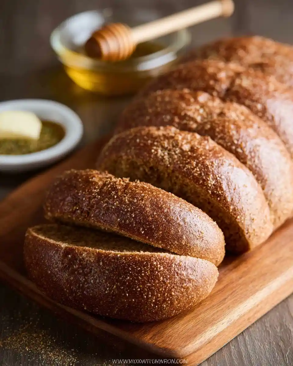 Sliced {{ $('Fetch Recipe Data').first().json["Main Keyword"] }} on a wooden board with honey and butter.