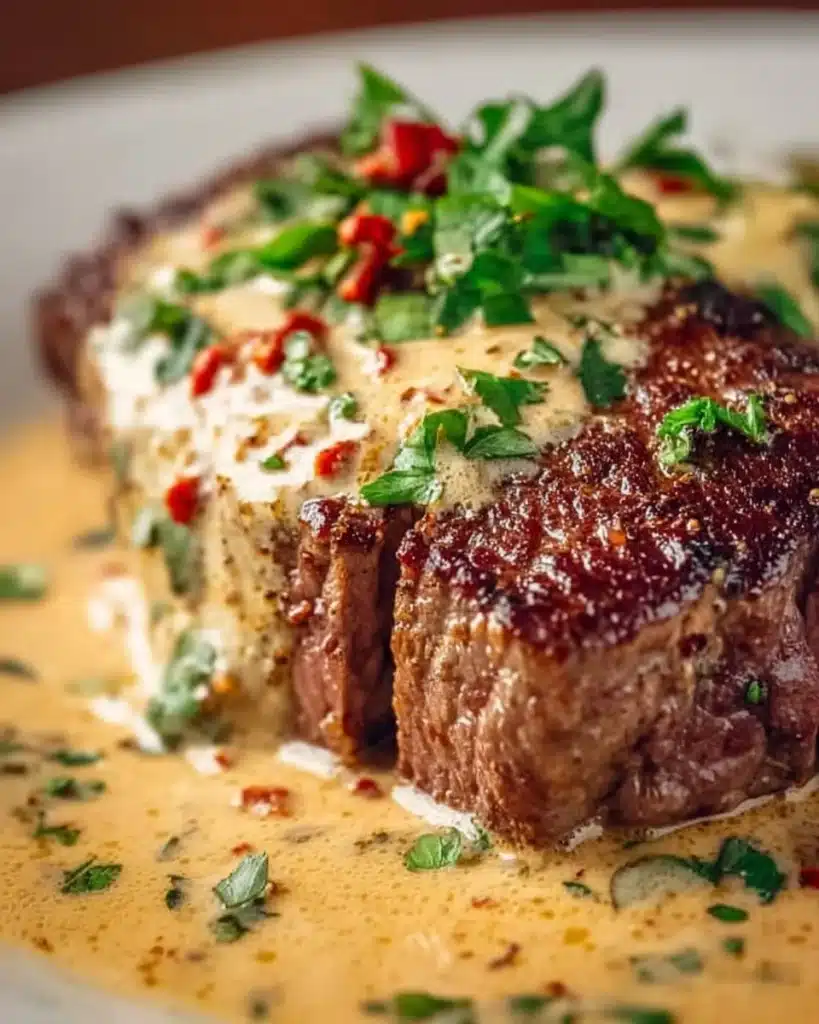Pan-seared steak served in a creamy Tuscan sauce on a plate.