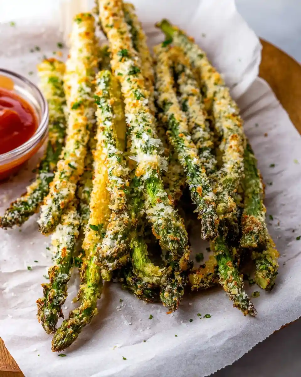 Golden baked asparagus fries coated in crispy parmesan breadcrumbs, served on parchment paper with red dipping sauce.