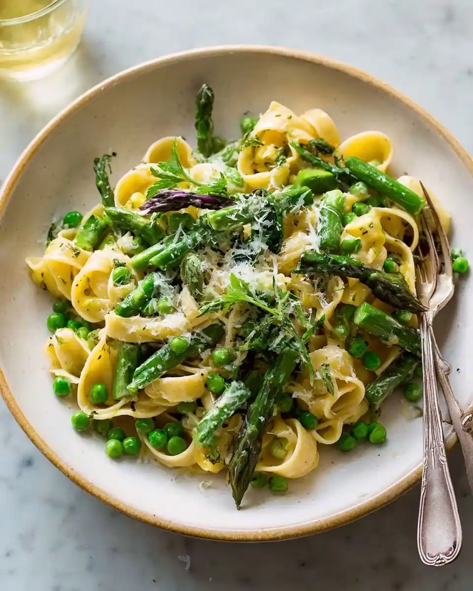 A delicious bowl of {{ $('Fetch Recipe Data').first().json["Main Keyword"] }} topped with fresh asparagus, green peas, and parmesan.