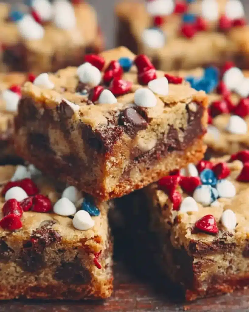 Patriotic chocolate chip cookie bars with red, white, and blue sprinkles.