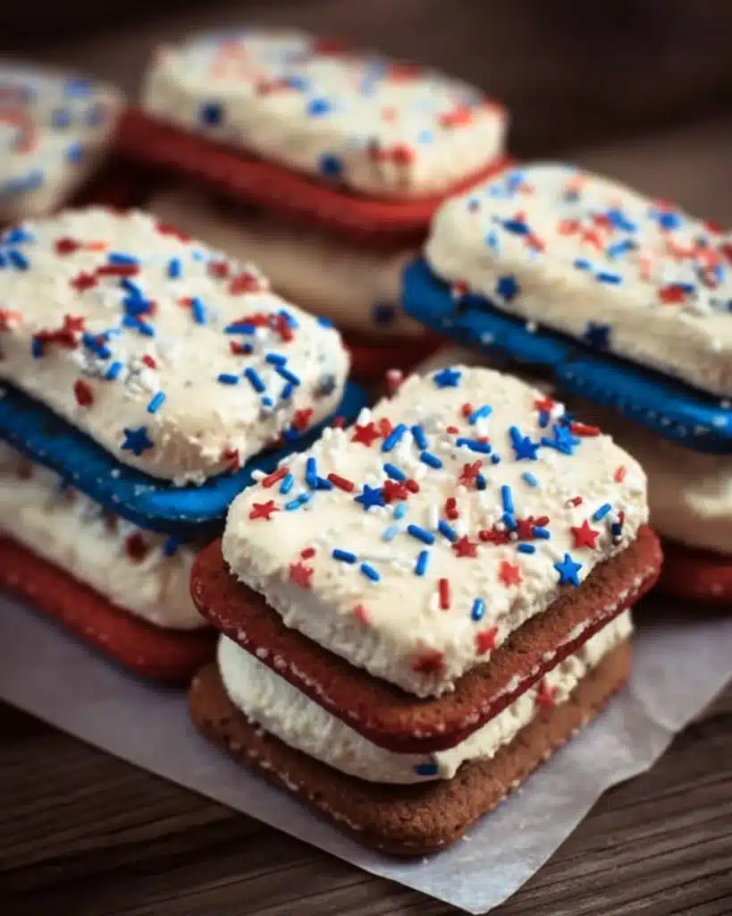 Patriotic Mini Ice Cream Sandwiches with red, white, and blue ingredients