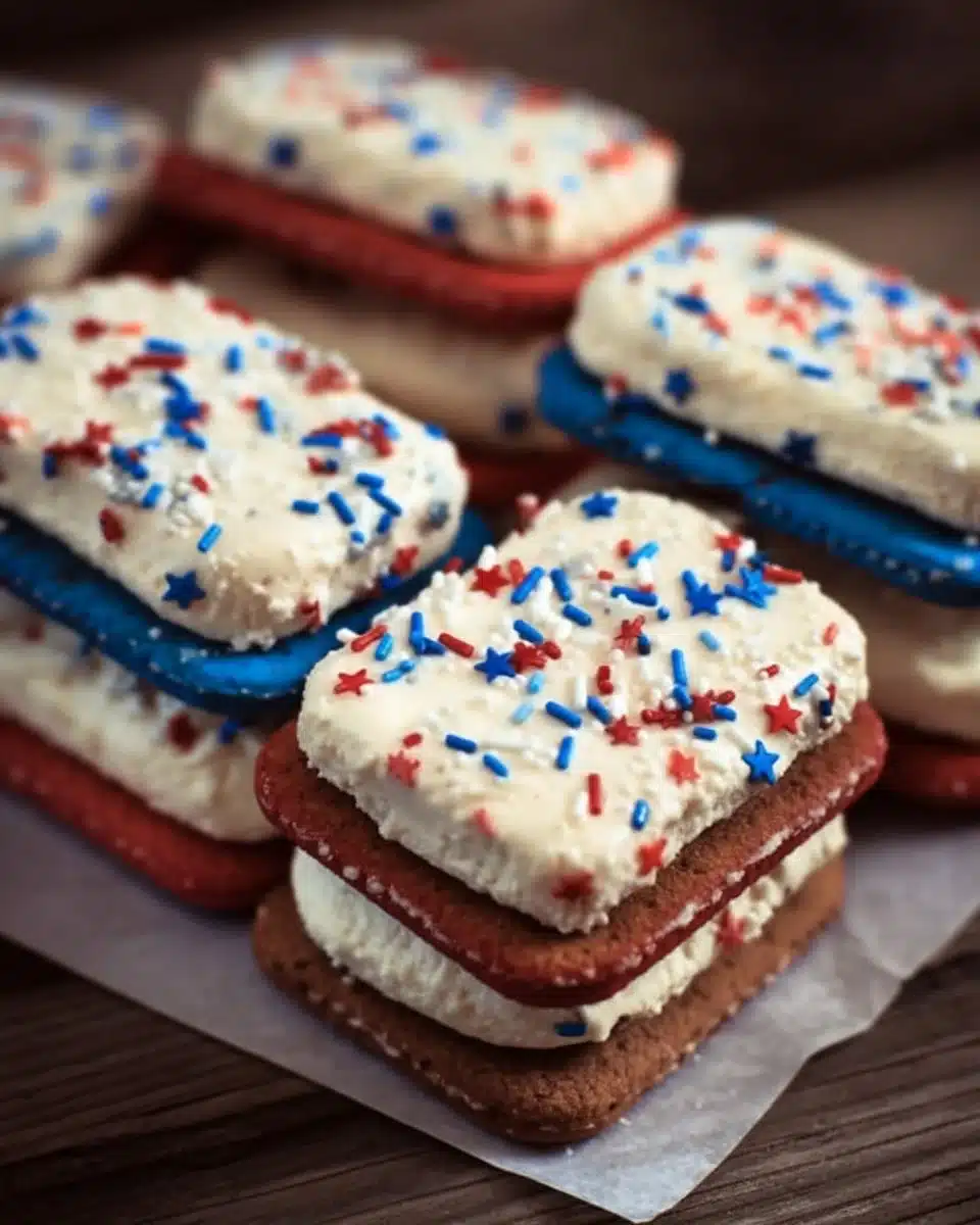 Patriotic Mini Ice Cream Sandwiches with red, white, and blue ingredients
