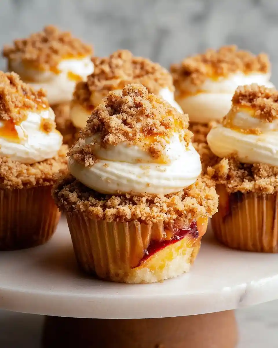 Close-up of freshly baked peach cobbler cupcakes topped with frosting, streusel crumble, and caramel drizzle.