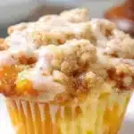 Freshly baked Peach Cobbler Muffins with peaches and crumb topping