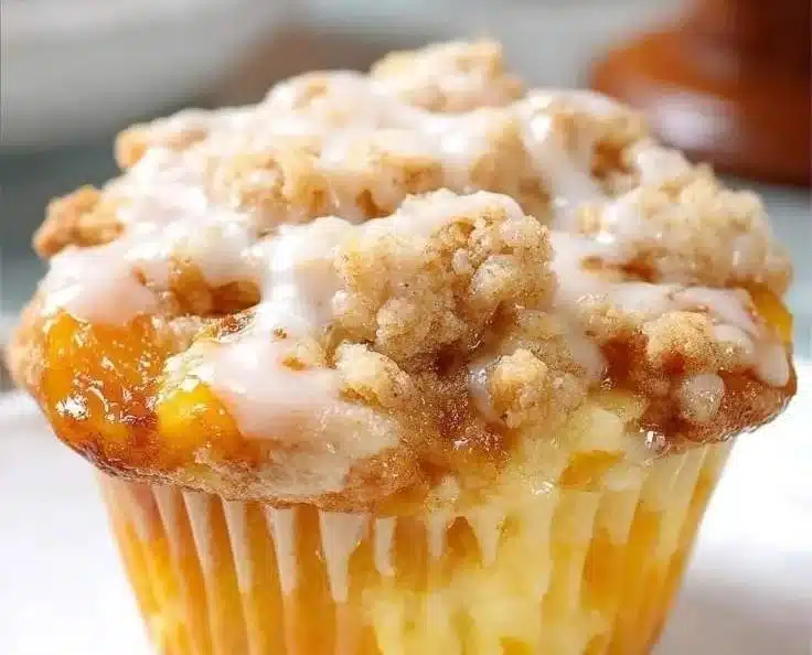 Freshly baked Peach Cobbler Muffins with peaches and crumb topping