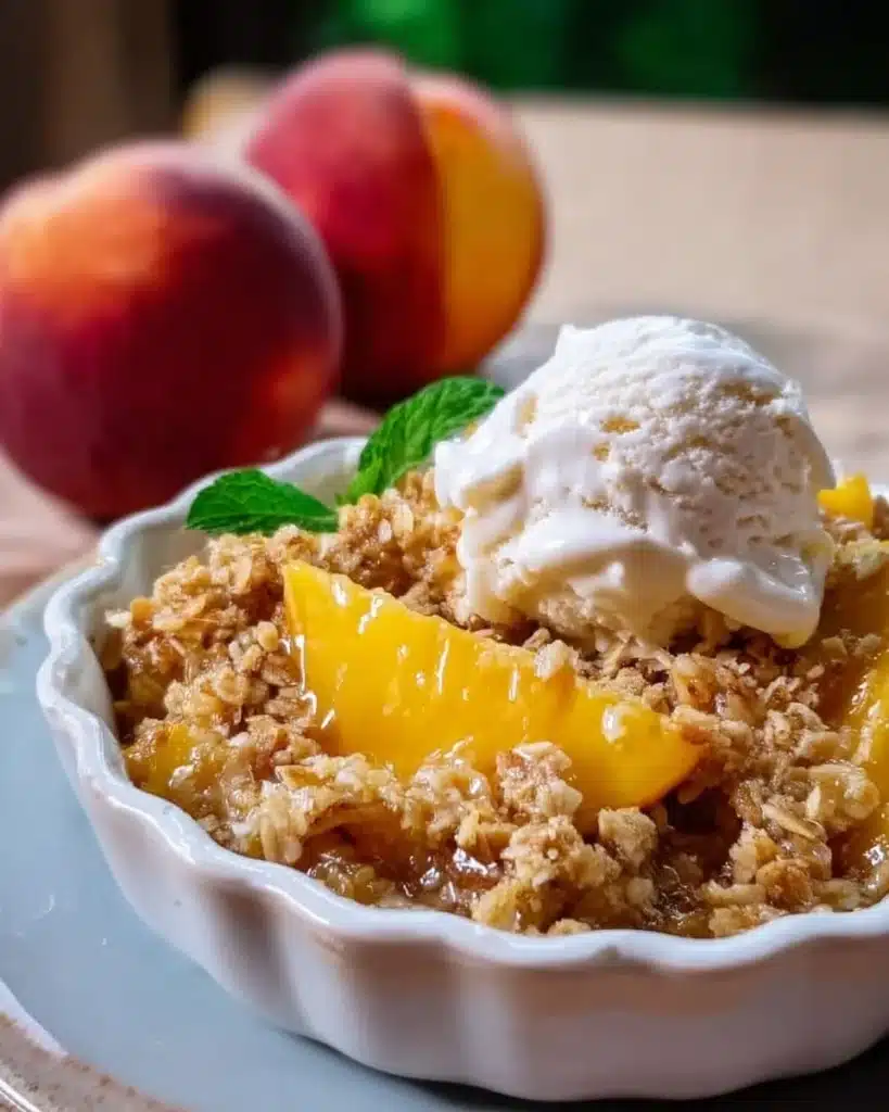 A delicious homemade peach crisp dessert topped with crunchy oat mixture.