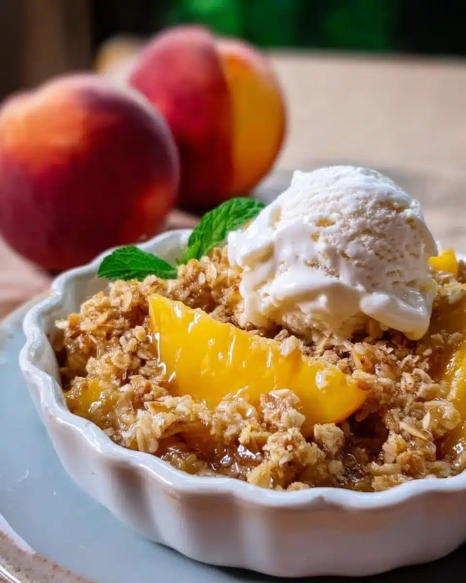 A delicious homemade peach crisp dessert topped with crunchy oat mixture.