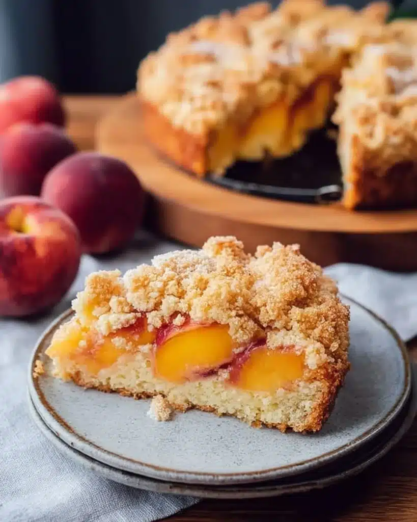 Slice of delicious Peach Crumble Cake with golden crumble topping