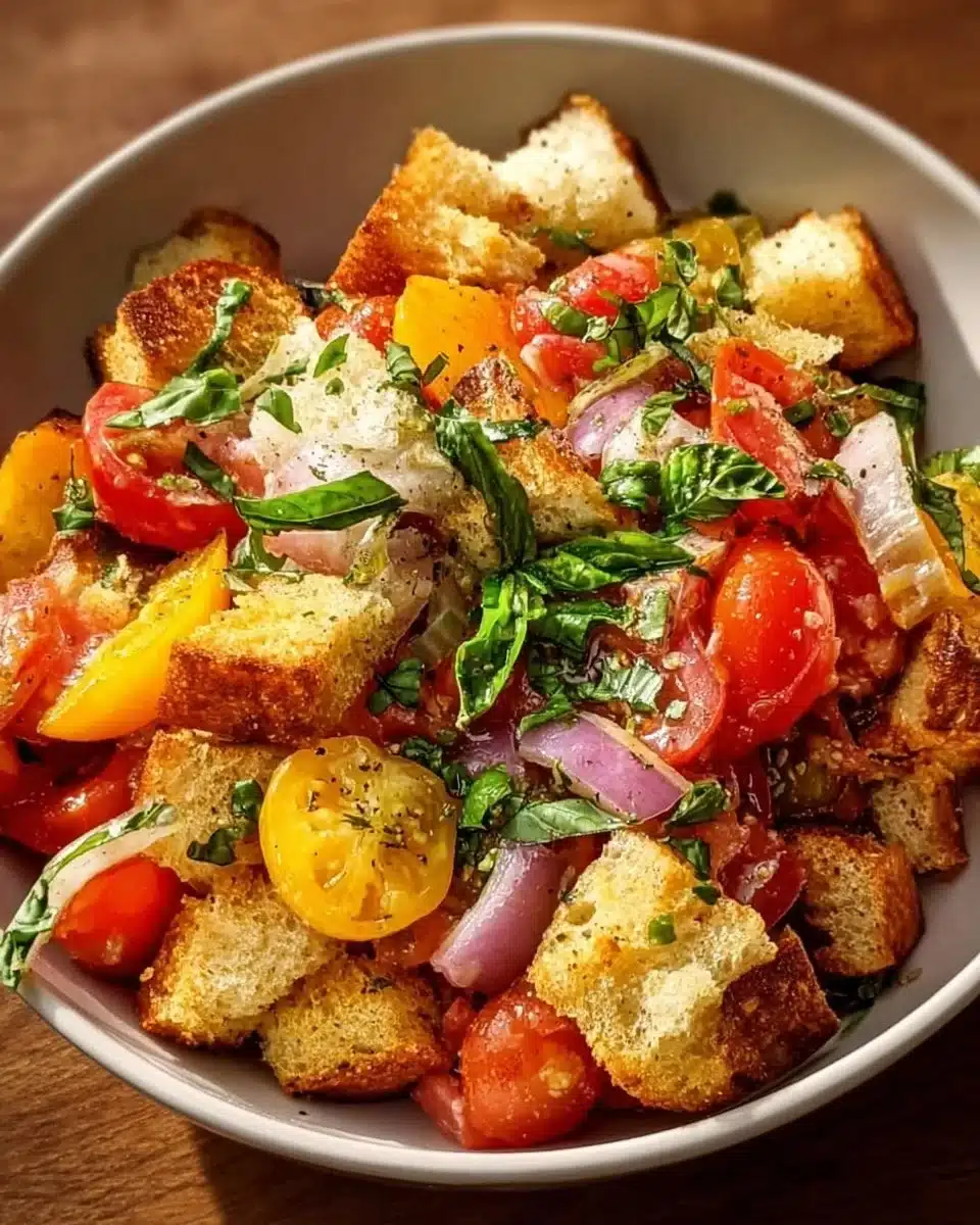 Peach Panzanella Salad with fresh peaches and crispy bread