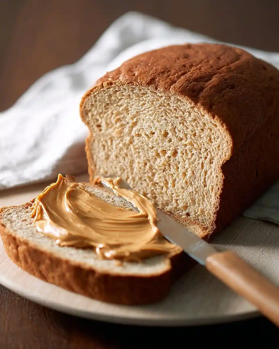 Spreading creamy peanut butter onto a slice of fresh homemade bread beside the full loaf.