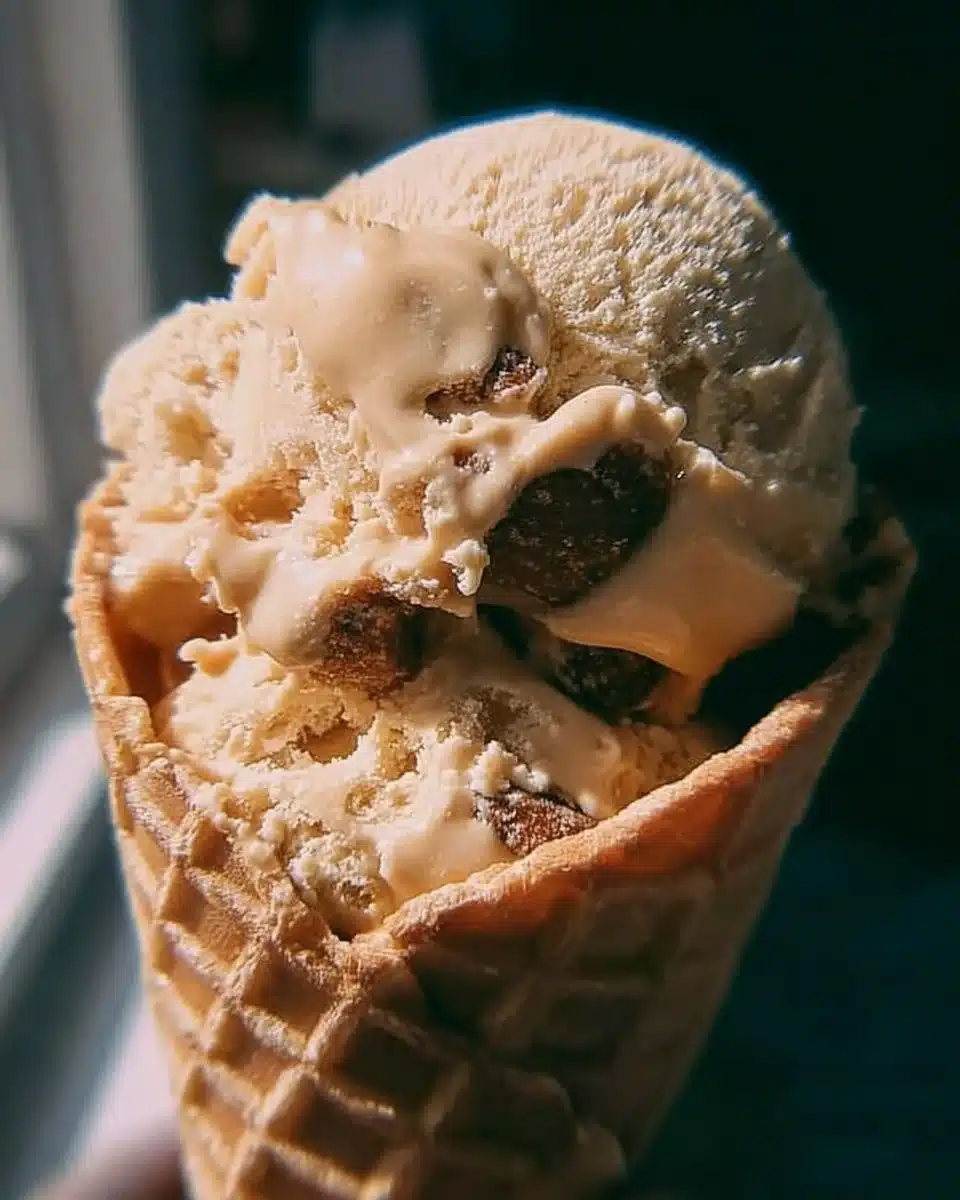 Delicious bowl of homemade peanut butter ice cream with chocolate chunks