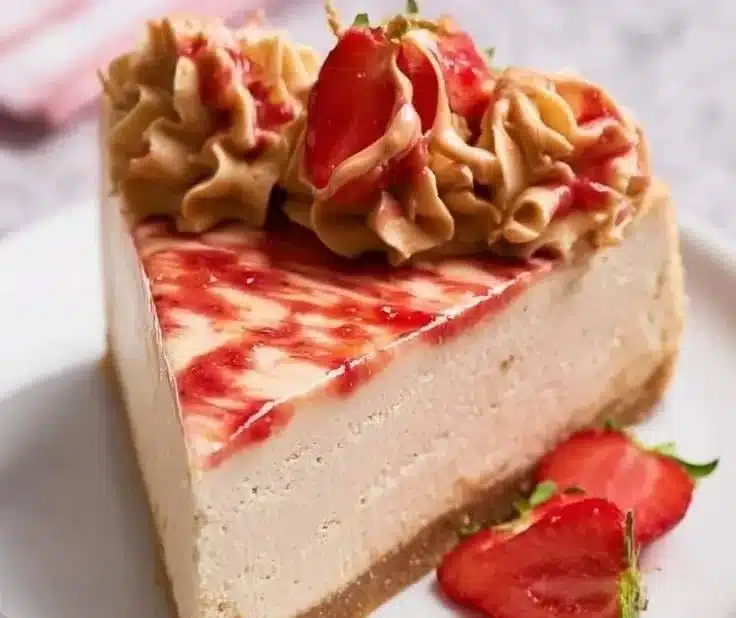 Delicious Peanut Butter Cheesecake topped with jelly, perfect for dessert enthusiasts.