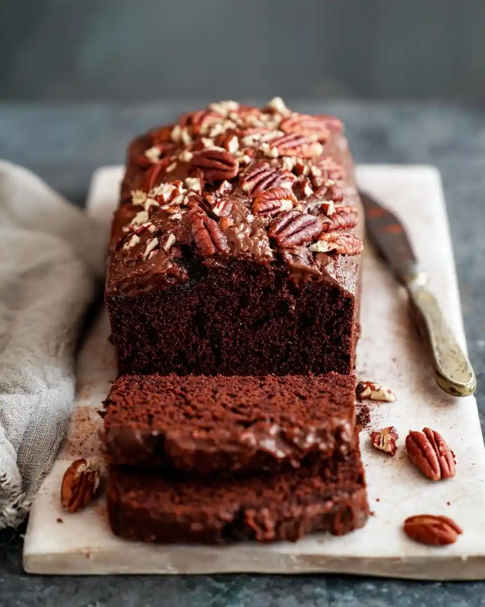 A freshly baked, sliced chocolate pecan loaf on a white cutting board, surrounded by scattered pecans.