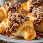 Close-up of golden, flaky pecan pie croissants topped with a sticky pecan glaze on a white plate.