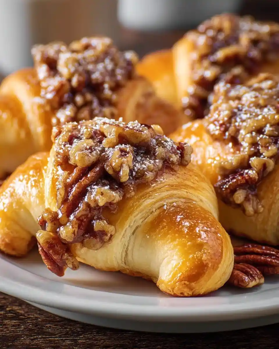 Close-up of golden, flaky pecan pie croissants topped with a sticky pecan glaze on a white plate.