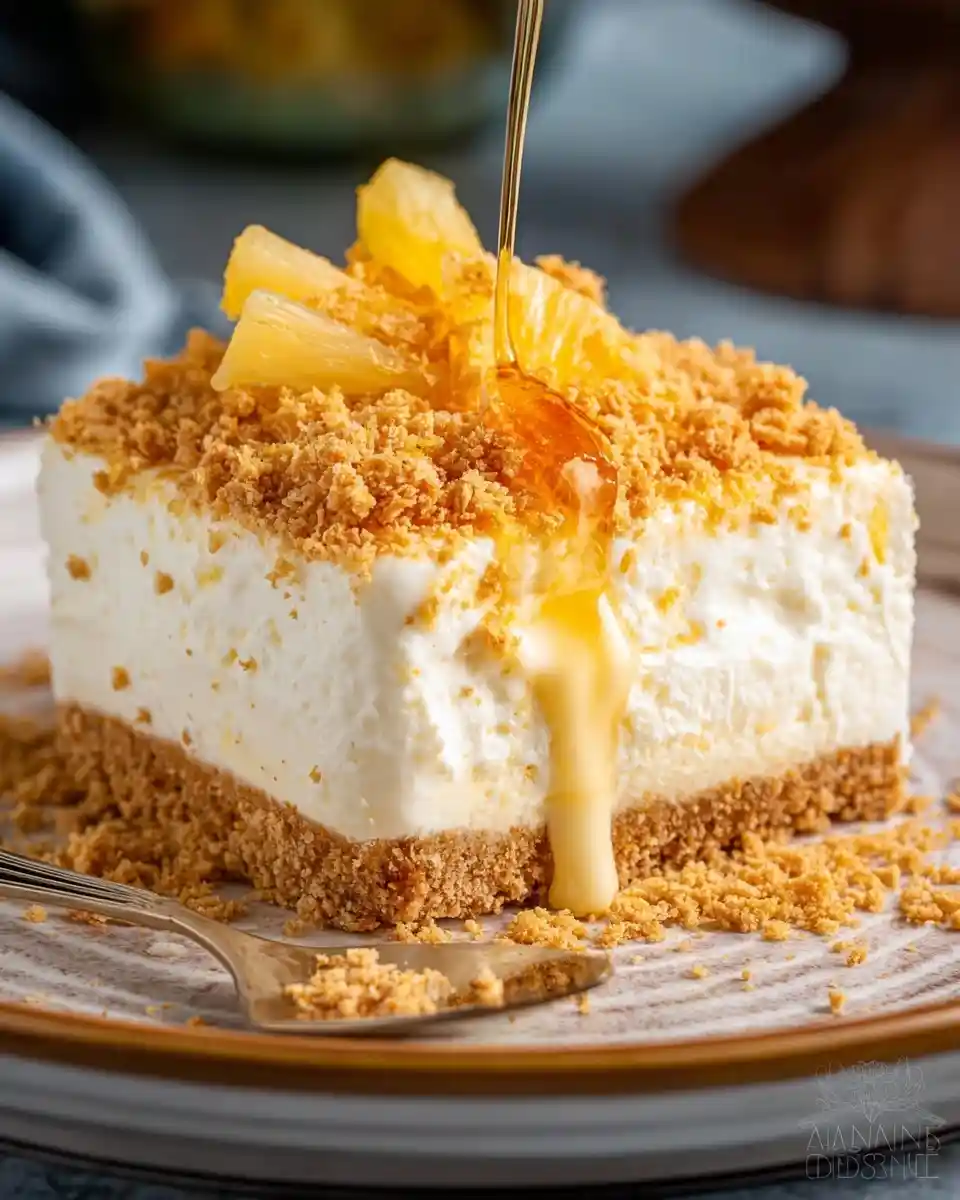 A delicious square slice of pineapple dessert with graham cracker crust and golden syrup drizzle.