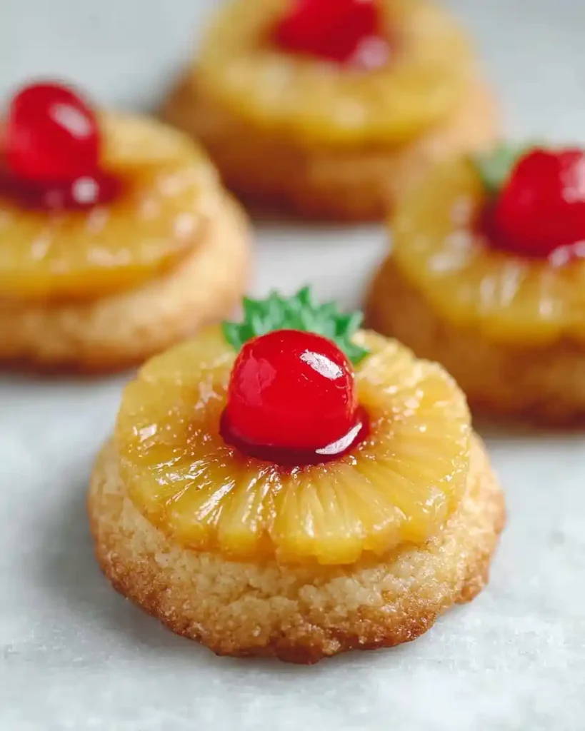 Close-up of sweet {{ $('Fetch Recipe Data').first().json["Main Keyword"] }} topped with pineapple and a red cherry.