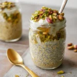 Glass jar of {{ $('Fetch Recipe Data').first().json["Main Keyword"] }} with chia, yogurt, and pistachios.