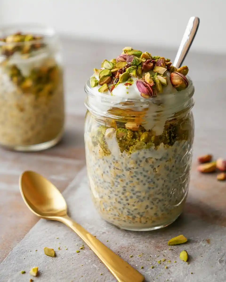 Glass jar of {{ $('Fetch Recipe Data').first().json["Main Keyword"] }} with chia, yogurt, and pistachios.