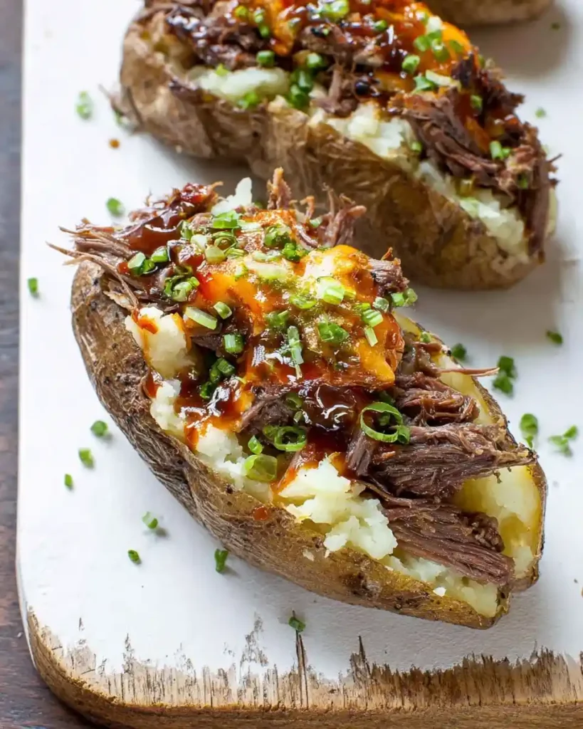 A rustic {{ $('Fetch Recipe Data').first().json["Main Keyword"] }} loaded with shredded beef, BBQ sauce, and fresh chives.
