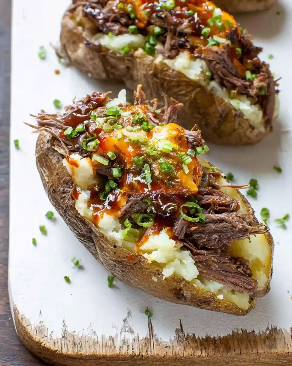 A rustic {{ $('Fetch Recipe Data').first().json["Main Keyword"] }} loaded with shredded beef, BBQ sauce, and fresh chives.