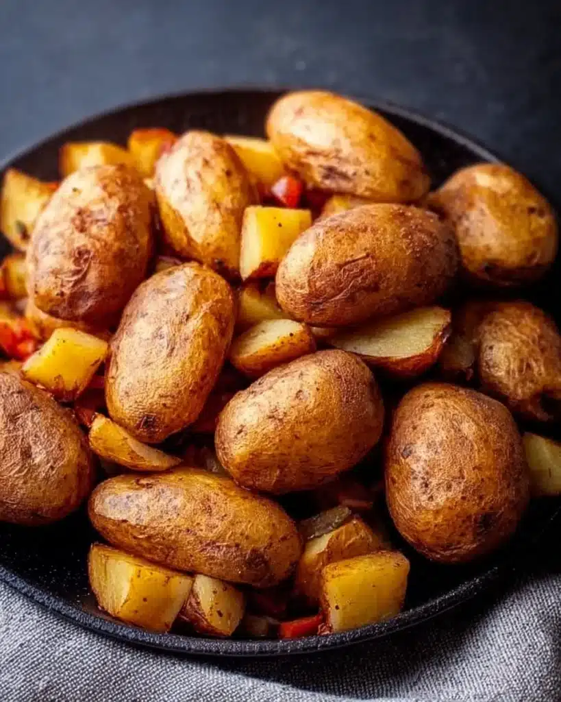 Dish of Potatoes O'Brien with diced potatoes, bell peppers, and onions.