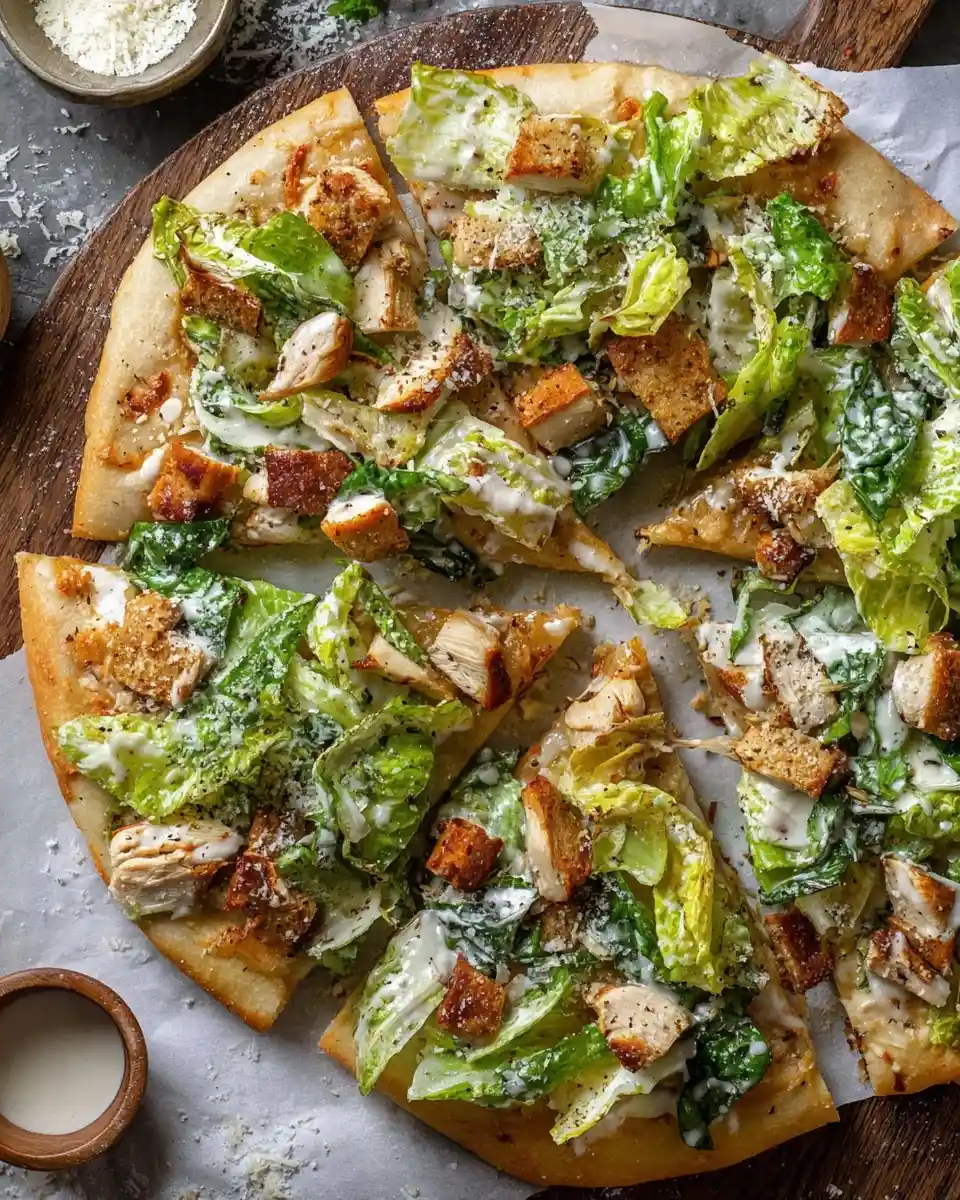 Sliced Chicken Caesar salad pizza topped with fresh romaine, grilled chicken, croutons, and creamy dressing.