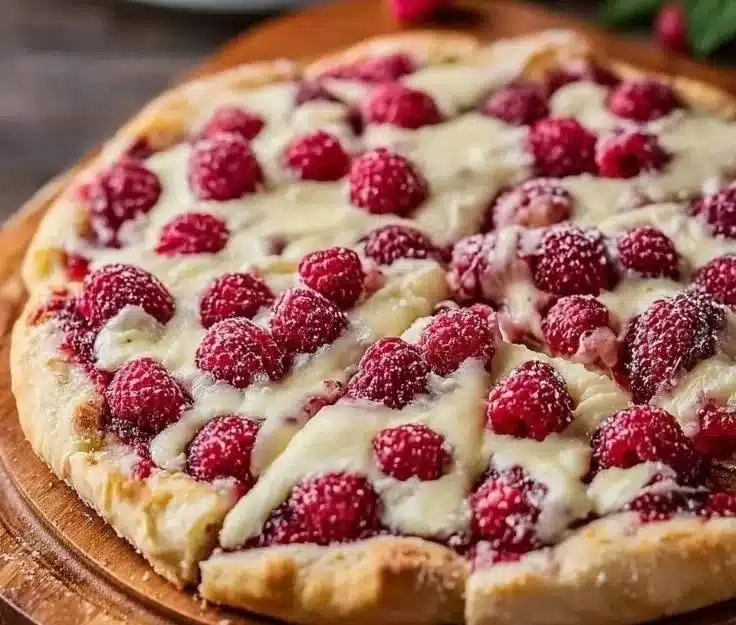 Delicious Raspberry Cheesecake Pizza topped with fresh raspberries and cream cheese