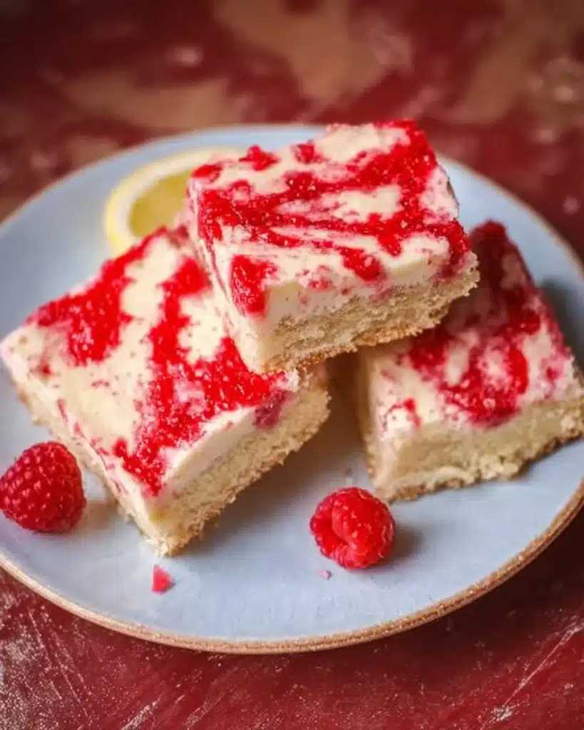 Raspberry Lemon Cream Cake Bars with creamy lemon frosting and fresh raspberries