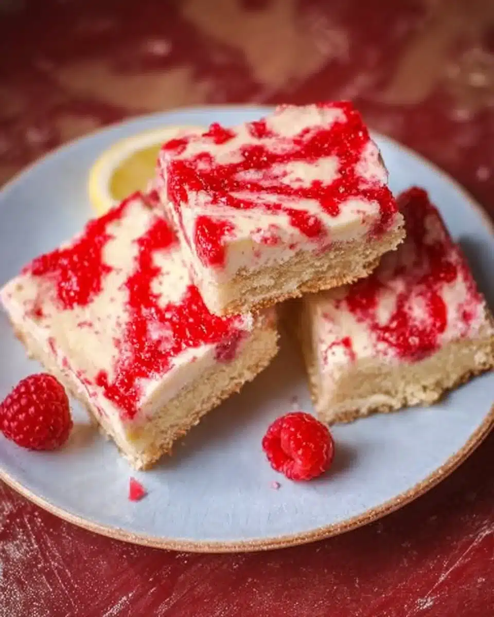 Raspberry Lemon Cream Cake Bars with creamy lemon frosting and fresh raspberries
