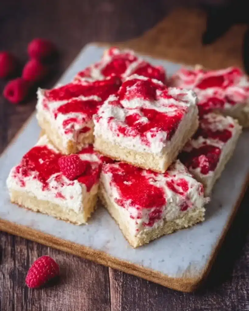 Delicious Raspberry Lemon Cream Cake Bars topped with fresh raspberries.