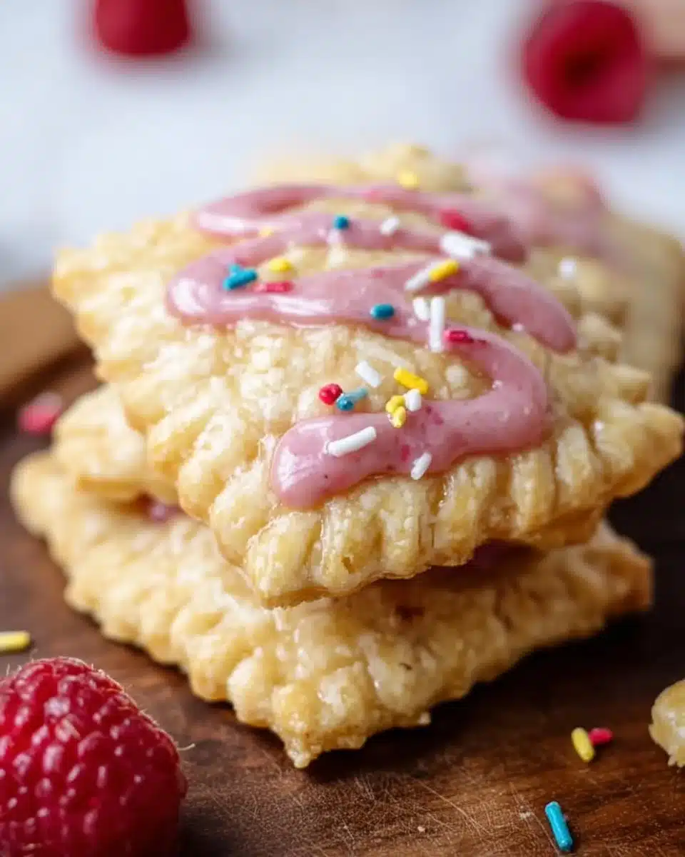 Homemade Raspberry Pop Tart Cookies with icing and raspberry filling