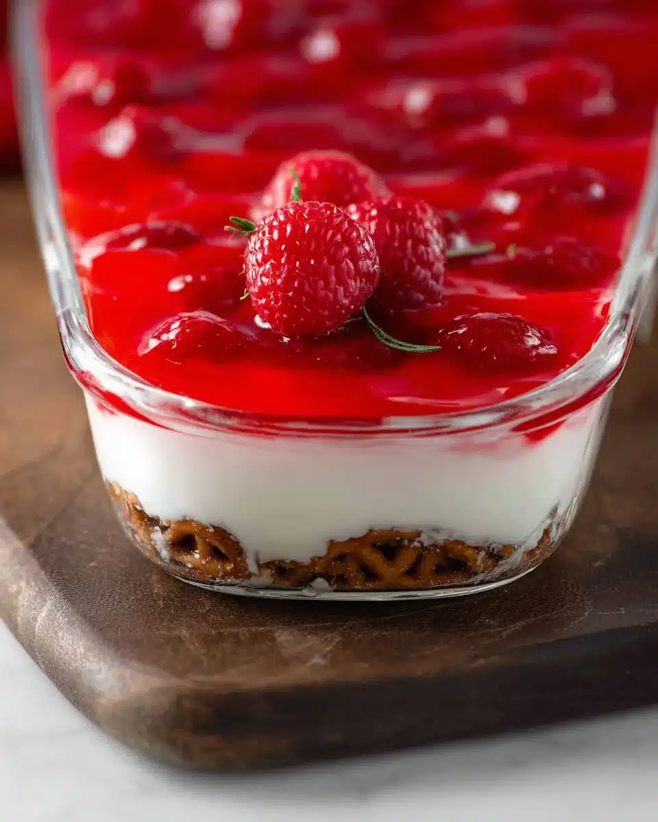 Delicious Raspberry Pretzel Salad with vibrant raspberries and pretzel crust.