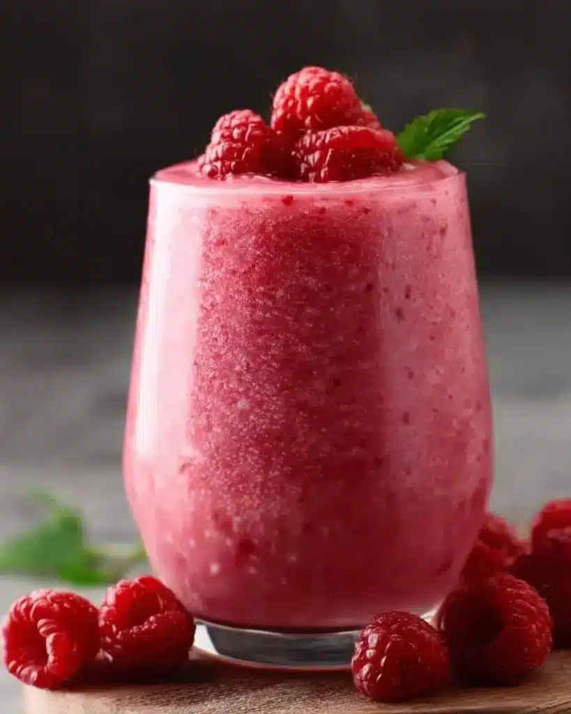Fresh raspberry smoothie in a glass with strawberries and mint garnish