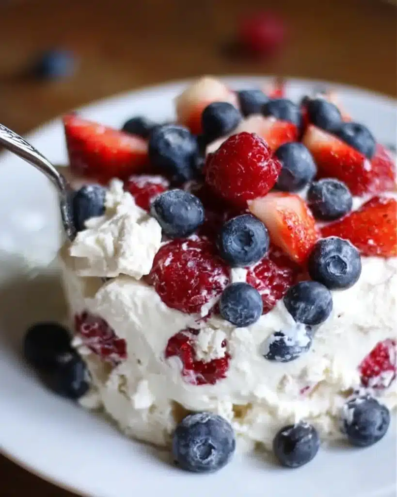 Delicious Red, White and Blue Cheesecake Salad with fresh berries and creamy cheesecake