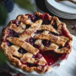 A sliced {{ $('Fetch Recipe Data').first().json["Main Keyword"] }} featuring a golden, sugar-sprinkled lattice crust and juicy fruit filling.