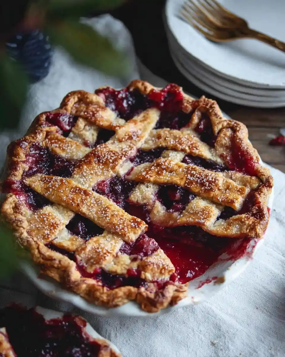 A sliced {{ $('Fetch Recipe Data').first().json["Main Keyword"] }} featuring a golden, sugar-sprinkled lattice crust and juicy fruit filling.