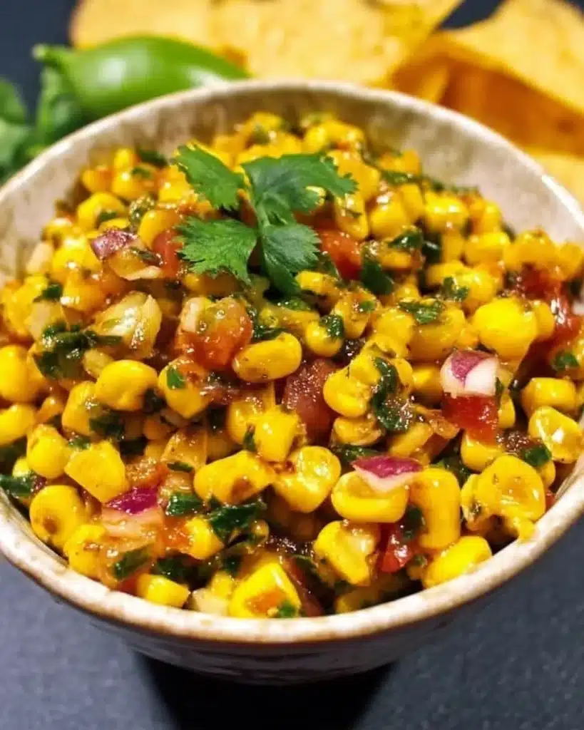 Bowl of roasted chili corn salsa featuring fresh ingredients and vibrant colors.