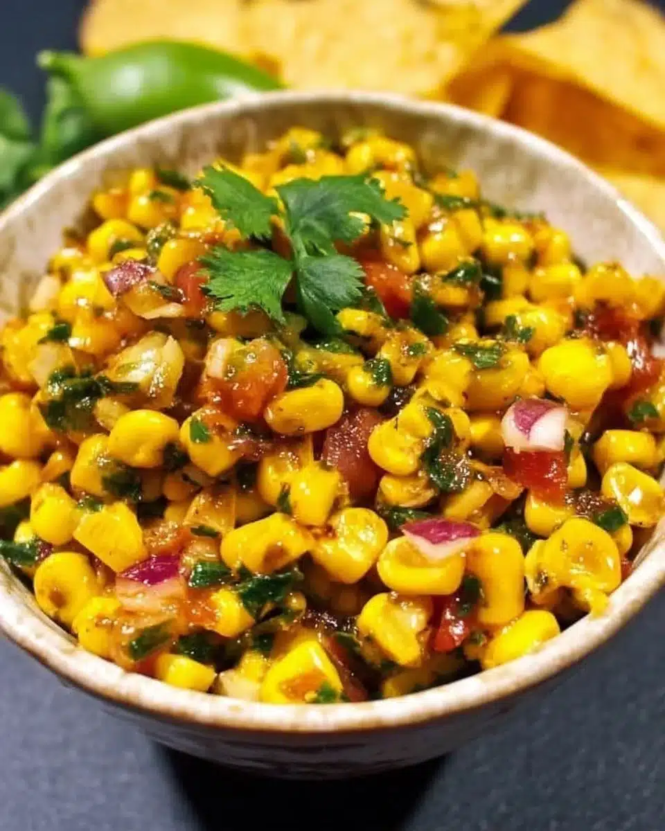 Bowl of roasted chili corn salsa featuring fresh ingredients and vibrant colors.