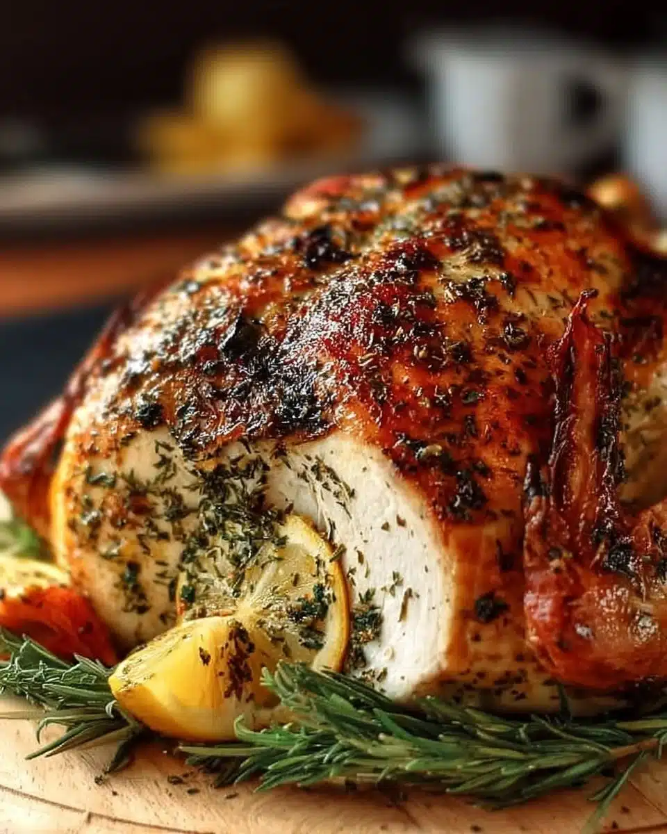 Roasted lemon herb turkey garnished with fresh herbs and lemon slices