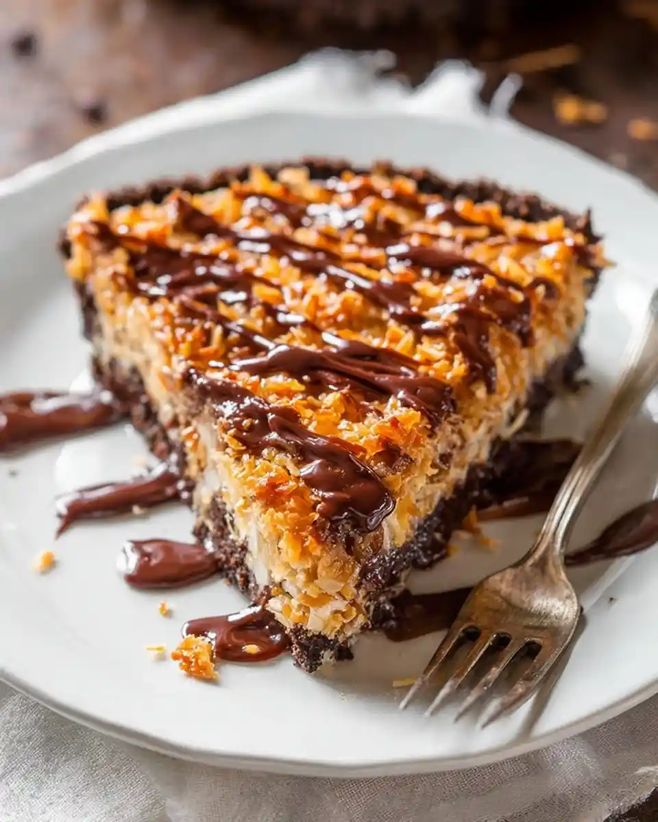 A slice of decadent chocolate coconut tart with toasted coconut and chocolate drizzle on a white plate with a fork.