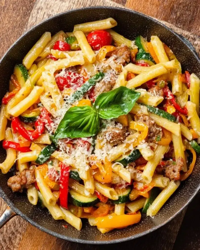 Sausage and Peppers Pasta dish garnished with herbs